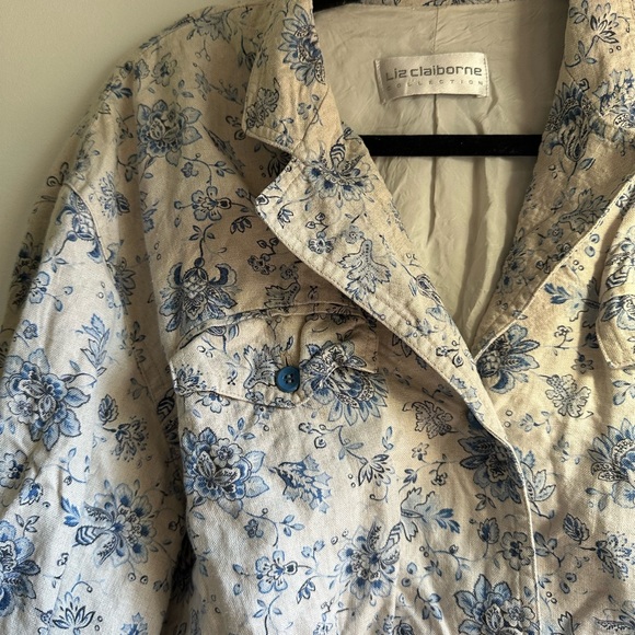 Liz Claiborne Linen Blue and White Floral Bomber Jacket - Picture 2 of 3